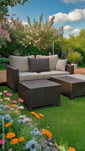 Outdoor furniture on green lawn garden.