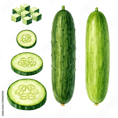 A fresh watercolor collection of green cucumber vegetables featuring whole cucumbers, slices, and diced pieces.