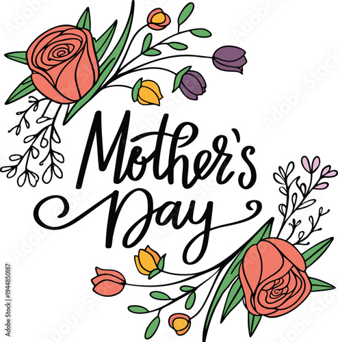 Mother's Day Greeting Card Design with Hand Drawn Floral Rose Bouquet