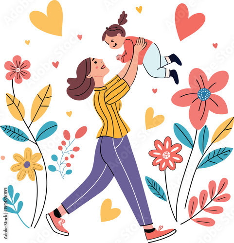 Happy Mother Holding Toddler Daughter with Hearts and Flowers Vector