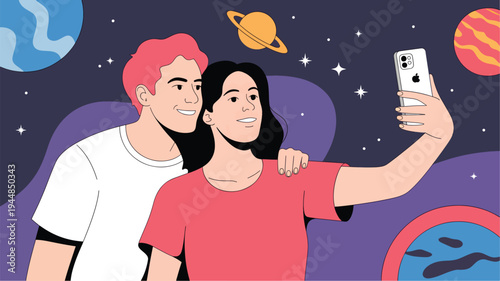 A couple taking a selfie in outer space with planets and stars