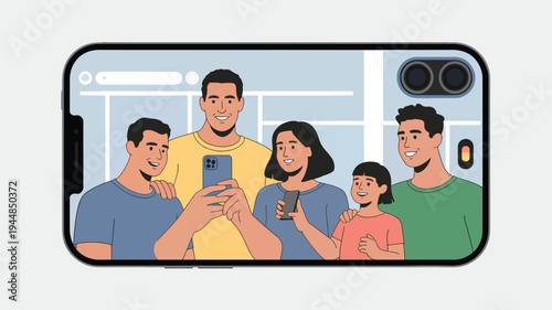 Family taking a selfie together on a smartphone screen, a mobile phone taking a group happy photo