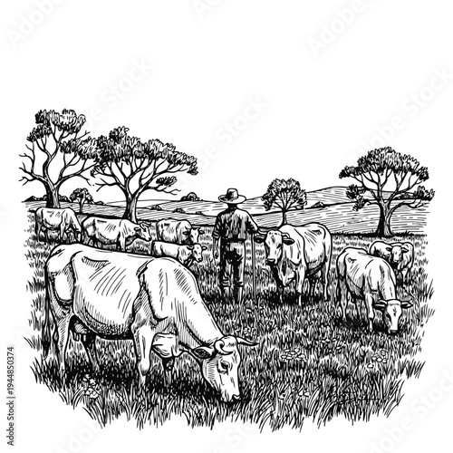 Farmer tending cattle in pasture, rural landscape, country scene, black and white drawing