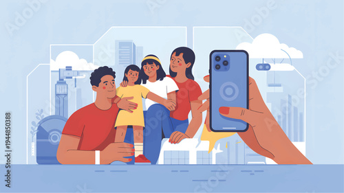 Family taking a selfie with a smartphone in a city background, a mobile phone taking a group selfie