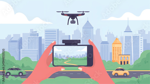 Hands holding a smartphone showing a drone flying over a city park with cars