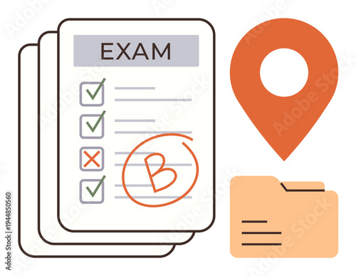 Education, test results, academic performance, student assessment, data organization, grading process. A checklist with a B grade, location pin and folder. Education and test results concepts