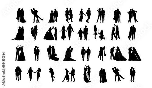 A collection of black silhouettes depicting various romantic couples in different poses and settings.