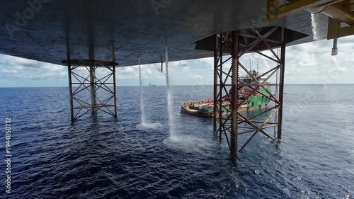 Underneath a jack up drilling rig and supply boat in the middle of the ocean
