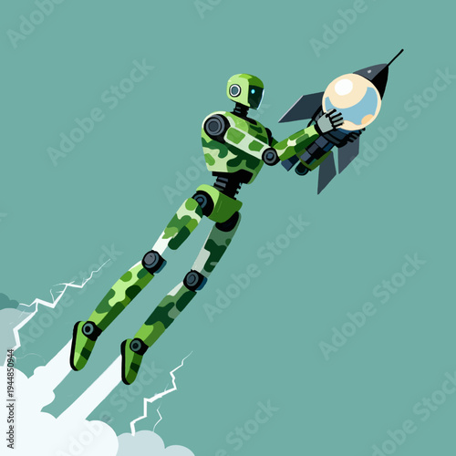 Camouflage Robot Flying with Rocket and Energy Orb in Flat Vector Style
