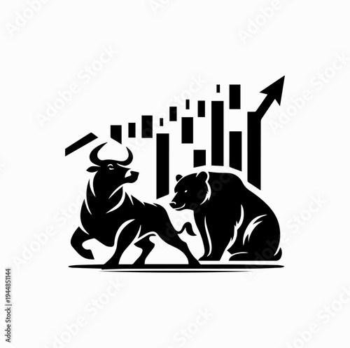 Bull and Bear Stock Market Silhouette with Rising Chart Finance Concept