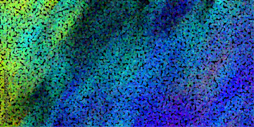 Vibrant abstract pointillism background with a gradient of green yellow blue and purple dots on black for energetic and colorful digital art and design