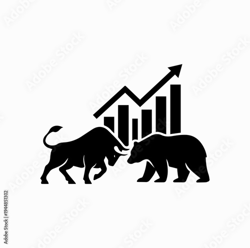 Bull and Bear Stock Market Silhouette with Rising Chart Finance Concept