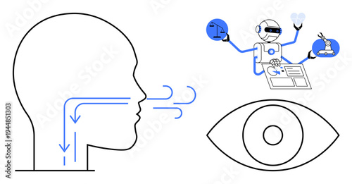 Healthcare, biometric security, artificial intelligence, digital diagnostics, robotics, medical advancements. Human profile with airflow, AI robot holding tools and eye icon. Healthcare