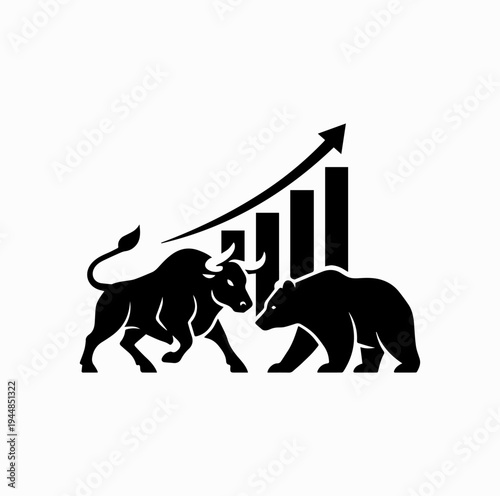Bull and Bear Stock Market Silhouette with Rising Chart Finance Concept
