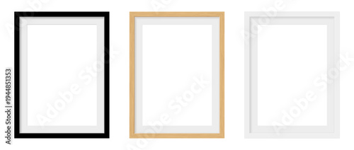 Photo Frame Mockup in Black, Wooden and White Colors on Transparent Png Background