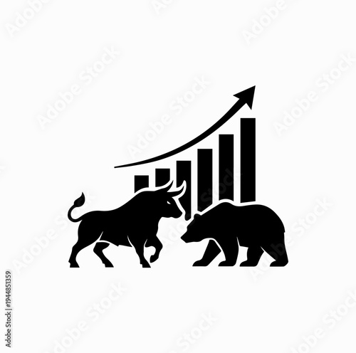 Bull and Bear Stock Market Silhouette with Rising Chart Finance Concept