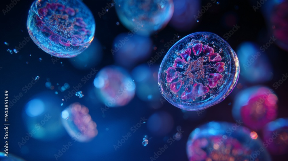 Naklejka premium Colorful Microscopic Cells in a Science Background
