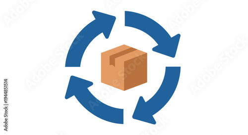 A brown cardboard box at the center, encircled by four blue arrows indicating a continuous cycle or process, representing logistics, delivery, or product flow.