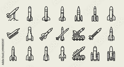 A collection of various missile and rocket line art icons, depicting different types of weaponry and launch systems.