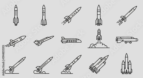 Set of line art icons depicting various rockets, missiles, and spacecraft in different stages of flight and launch.