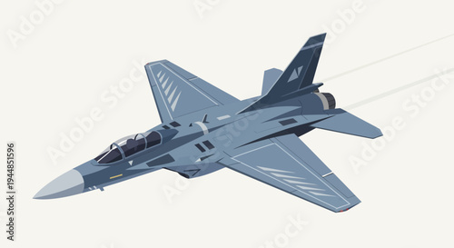 A sleek blue-grey fighter jet with sharp angles and a pointed nose, flying through the air with subtle motion trails against a light background.