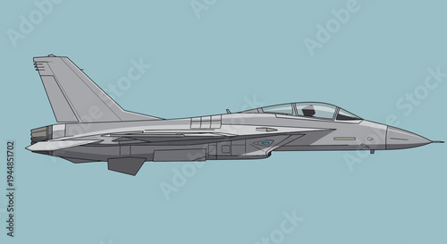 Detailed side view illustration of a modern grey military fighter jet, showcasing its aerodynamic design and advanced aviation technology.