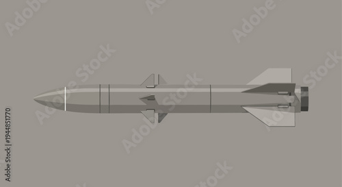 A detailed side view of a grey air-to-air missile or rocket, featuring its aerodynamic fins and propulsion system.