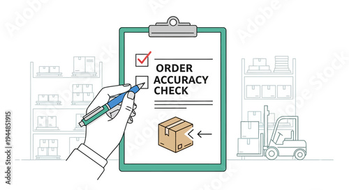 Illustration of a hand checking an order accuracy checklist on a clipboard in a warehouse setting with boxes and a forklift.