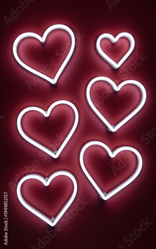 Six glowing white neon hearts on deep red background romantic and