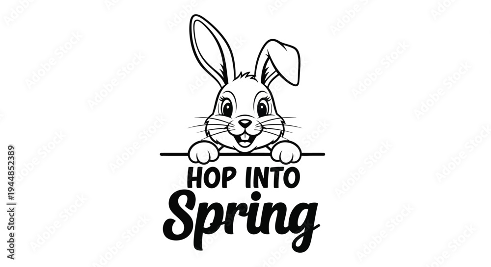 Fototapeta premium Bunny peeks over a sign saying Hop into spring season.