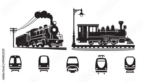 A black and white illustration of various train designs and styles