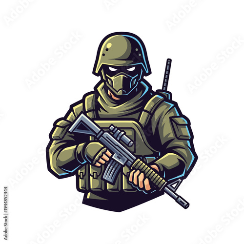 Soldier wearing tactical gear and helmet.