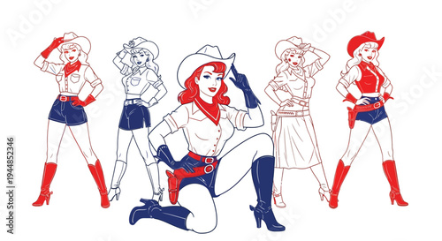 Cowgirls in vintage style pose together in a variation.