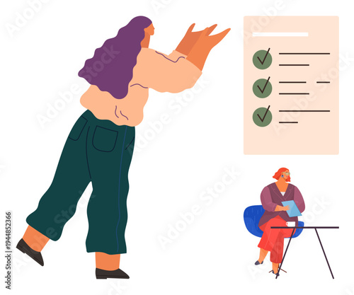 Productivity, teamwork, task organization, project planning, workflow management, collaboration. A person pointing towards a checklist while another works at a desk. Productivity and teamwork concept