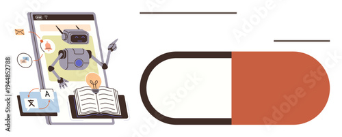 Online learning, AI integration, healthcare innovation, digital transformation, language learning, technology education. A robot using tools next to an open book and capsule. AI integration