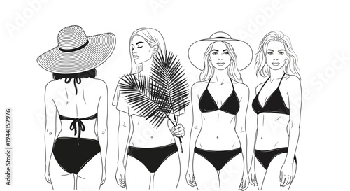 Four women stand wearing black bikini tops and bottoms.