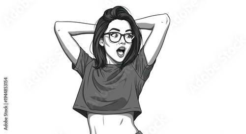 A surprised young woman wearing glasses relaxes with her hands.