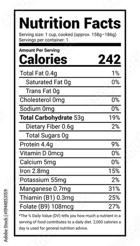 one cup of cooked white rice nutrition facts label