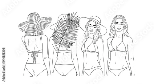 Four women in bikinis pose with sun hats and palm leaves.