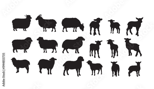 A collection of black silhouettes of sheep and goats on a white background