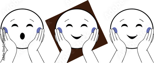 Three cartoon faces with hands on cheeks and blue under eyes