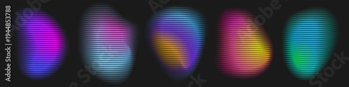 Color gradient abstract neon light shape circles with color gradation on black background. Vector neon color blend mesh of chromatic gradient flow