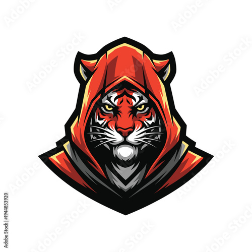 Tiger head in red hoodie logo.