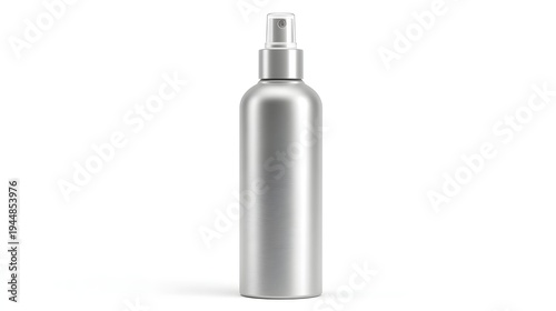Minimalist Silver Spray Bottle with Clear Cap on White Background.