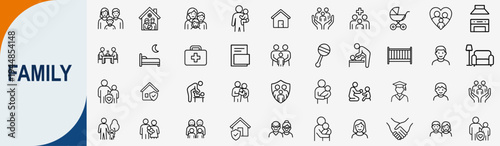 Family and household life icons set, outline symbols for parenthood childcare home insurance and multi-generational relationships vector illustration