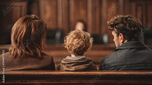 Child sitting between parents in a courtroom, facing a judge, with a concept representing family law, divorce proceedings, and child custody decisions