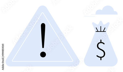 Warning sign and money bag symbol with dollar icon conveying financial risk, caution in investment, fraud prevention, economic safety, crisis management, and budget planning. Ideal for financial