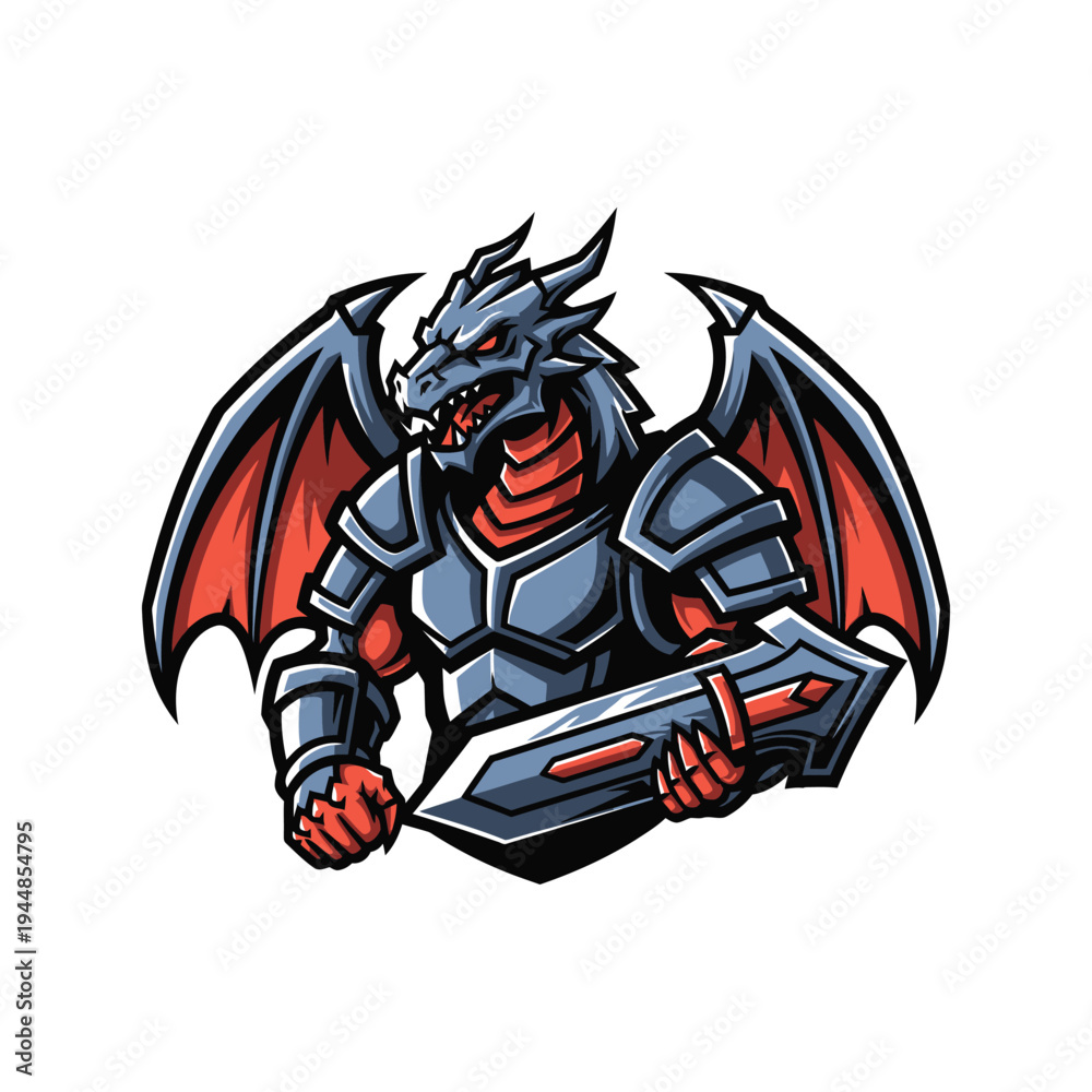 Fototapeta premium Cartoon dragon in armor holding sword.