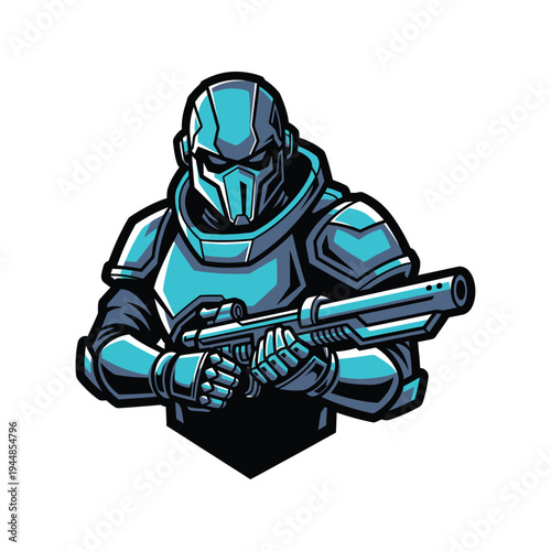 Teal robot character holding rifle gun.