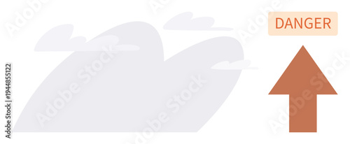 Risk communication, danger notification, threat warning, alert systems, signal concepts, safety measures. Orange upward arrow with Danger text on cloudy background. Risk communication and alert